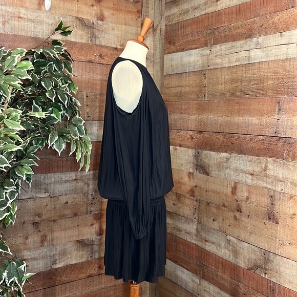 RAMY BROOK Black Cold Shoulder Long Sleeve Ruched Drop Waist Mini Dress - Picture 2 of 13
